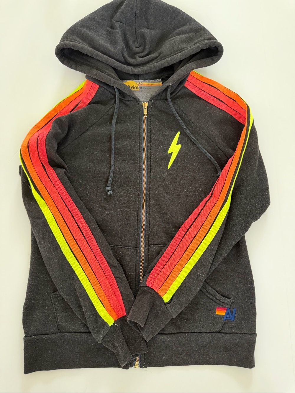 Aviator Nation Black Zip Hoodie with Neon Stripe Sleeves
